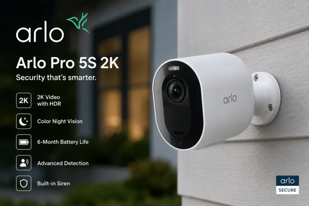The Arlo Pro 5S 2K, a sleek white outdoor camera, mounted on a magnetic base under an eave.