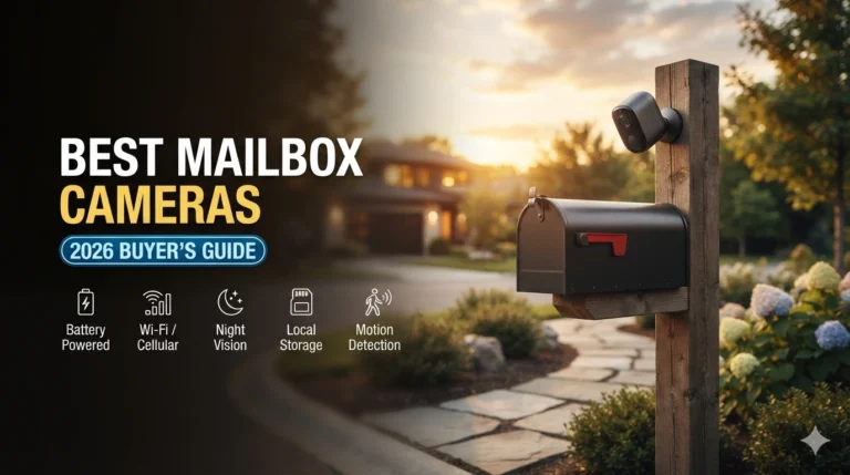A residential curbside mailbox with a modern outdoor security camera mounted on the wooden post at sunset, illustrating the best mailbox cameras for preventing mail theft in 2026.
