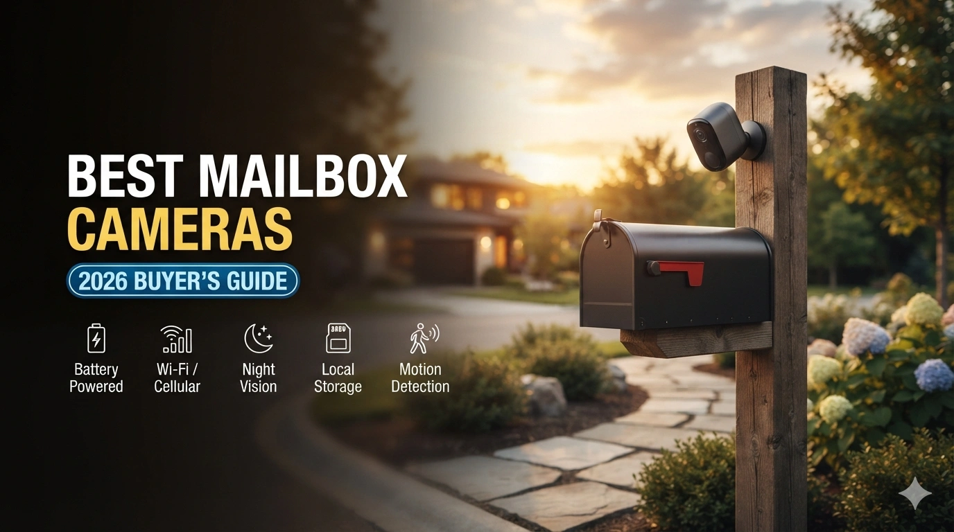 A residential curbside mailbox with a modern outdoor security camera mounted on the wooden post at sunset, illustrating the best mailbox cameras for preventing mail theft in 2026.