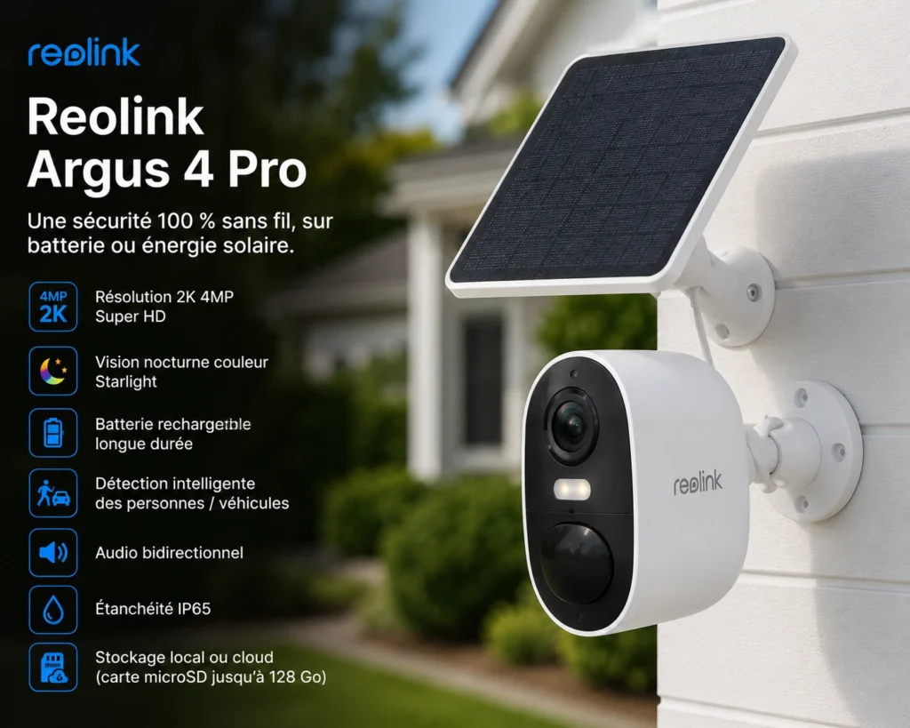 The Reolink Argus 4 Pro dual-lens camera with a wide 180-degree field of view, mounted on an exterior corner.