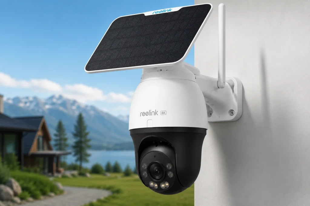 The Reolink Go PT Ultra, a white pan-tilt cellular camera with a solar panel, installed on a post near a rural driveway.