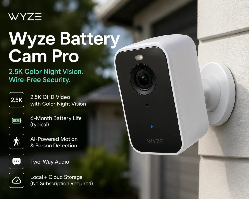 The Wyze Battery Cam Pro, a compact rounded camera, sitting on an outdoor shelf near an entryway.