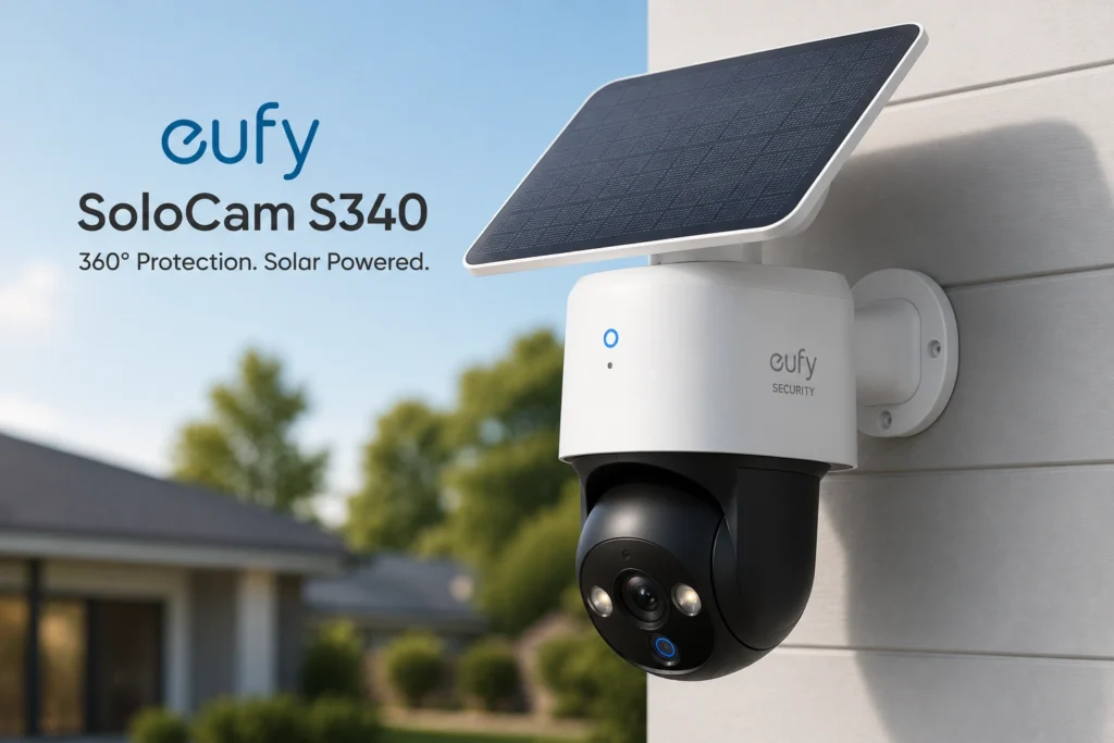 The eufy SoloCam S340 with an integrated solar panel on top, mounted on a wall overlooking a driveway.