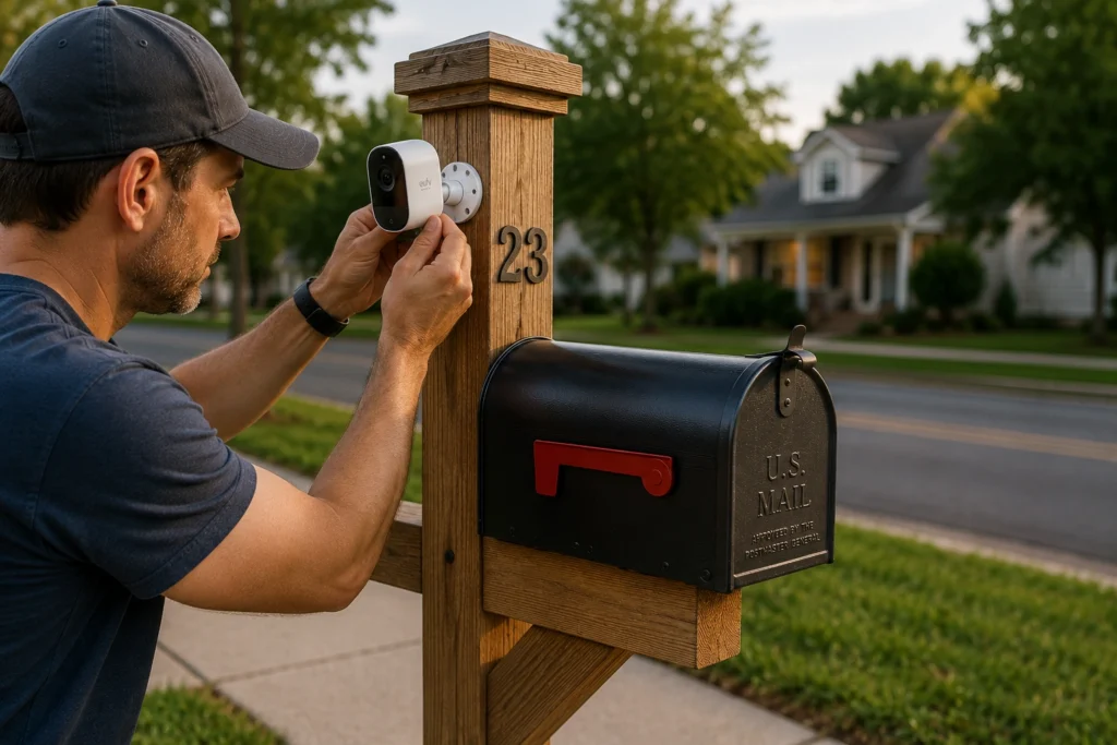 A homeowner adjusting the angle of a small outdoor camera so it frames only their own mailbox and driveway.