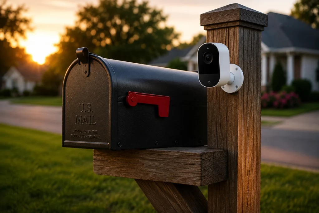 A compact battery-powered security camera mounted on a wooden mailbox post, angled to watch the mailbox and approach.
