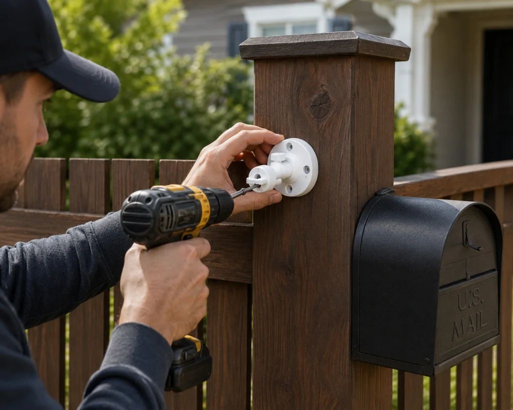 A person using a drill to mount a camera bracket on a fence post positioned to overlook a mailbox.